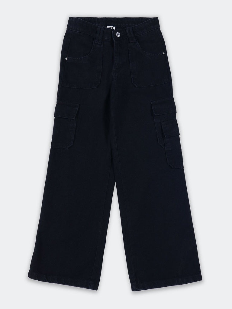 Girls Black Solid Wide-Leg Denim Jeans