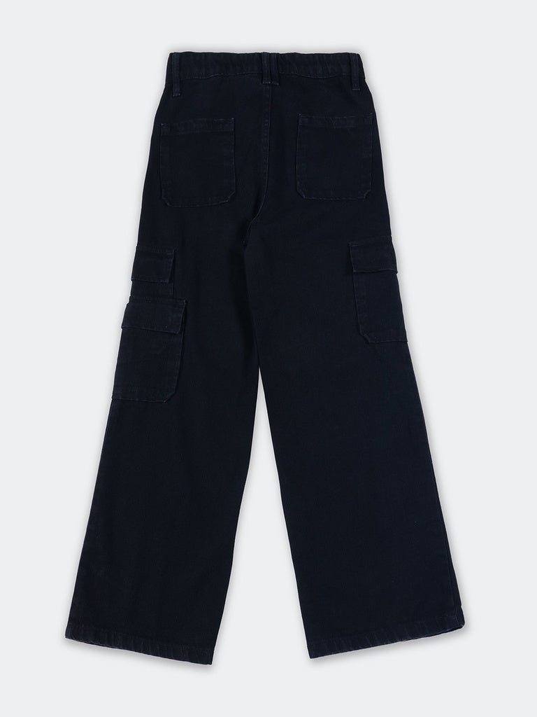 Girls Black Solid Wide-Leg Denim Jeans