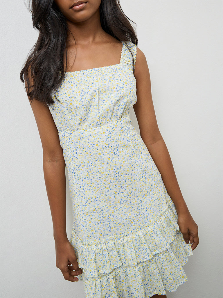 Girls Yellow Floral Cotton Printed Tiered Dress