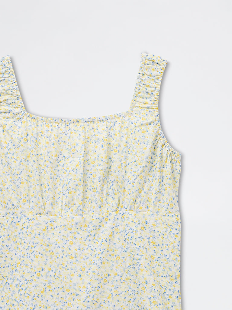 Girls Yellow Floral Cotton Printed Tiered Dress