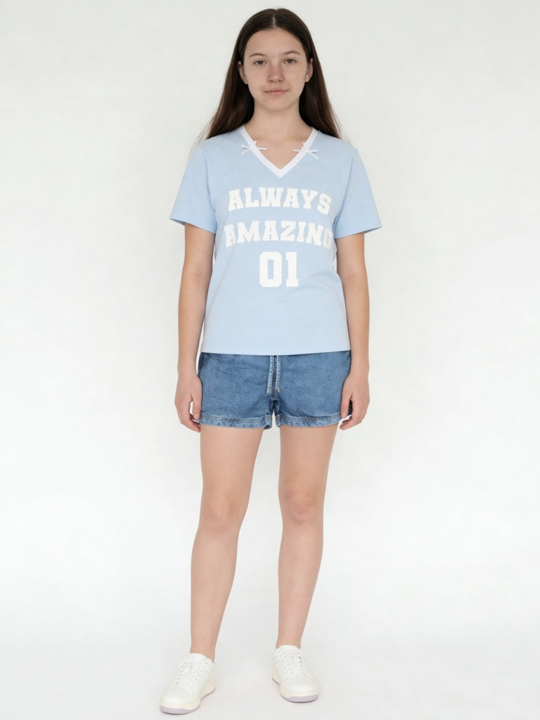 Y&F Kids Girls Blue Text-Printed T-Shirt