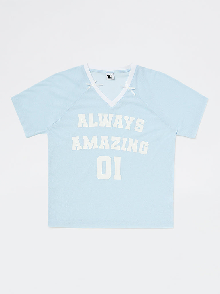 Y&F Kids Girls Blue Text-Printed T-Shirt