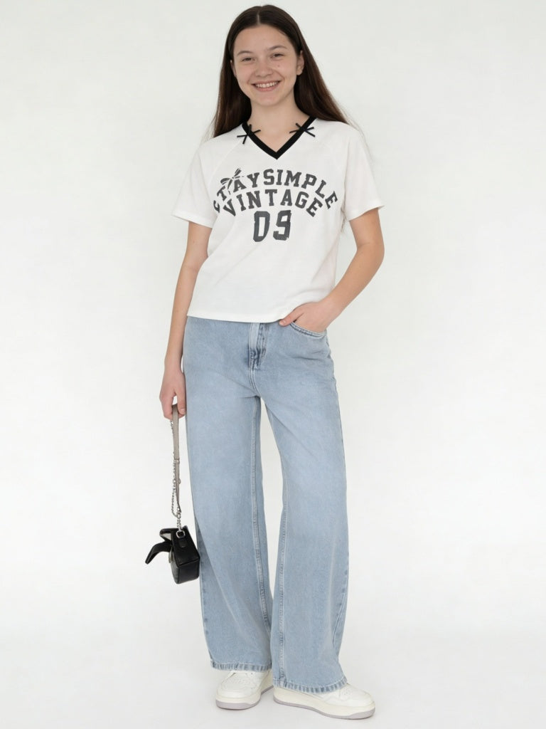 Y&F Kids Girls White Text-Printed T-Shirt
