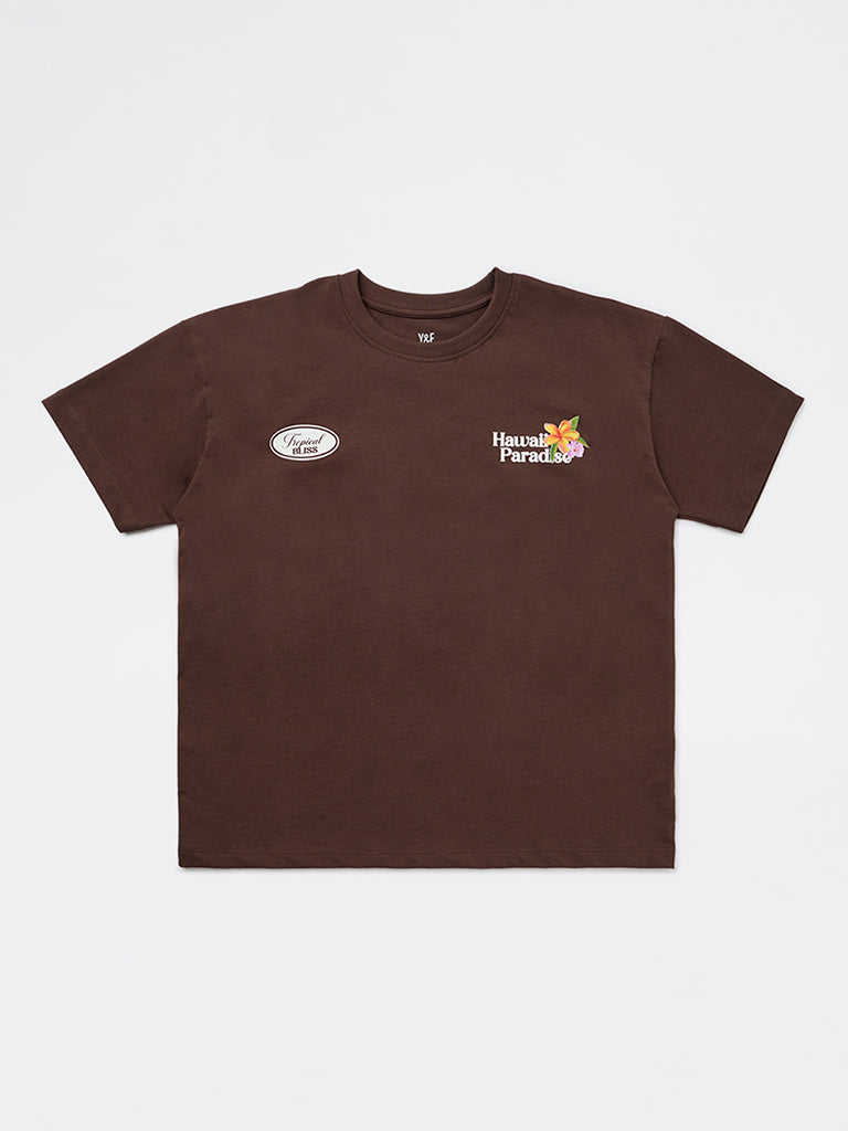 Girls Brown Graphic-Printed Cotton T-Shirt