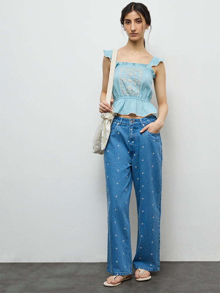 Bombay Paisley Blue Embroidered High-Rise Jeans