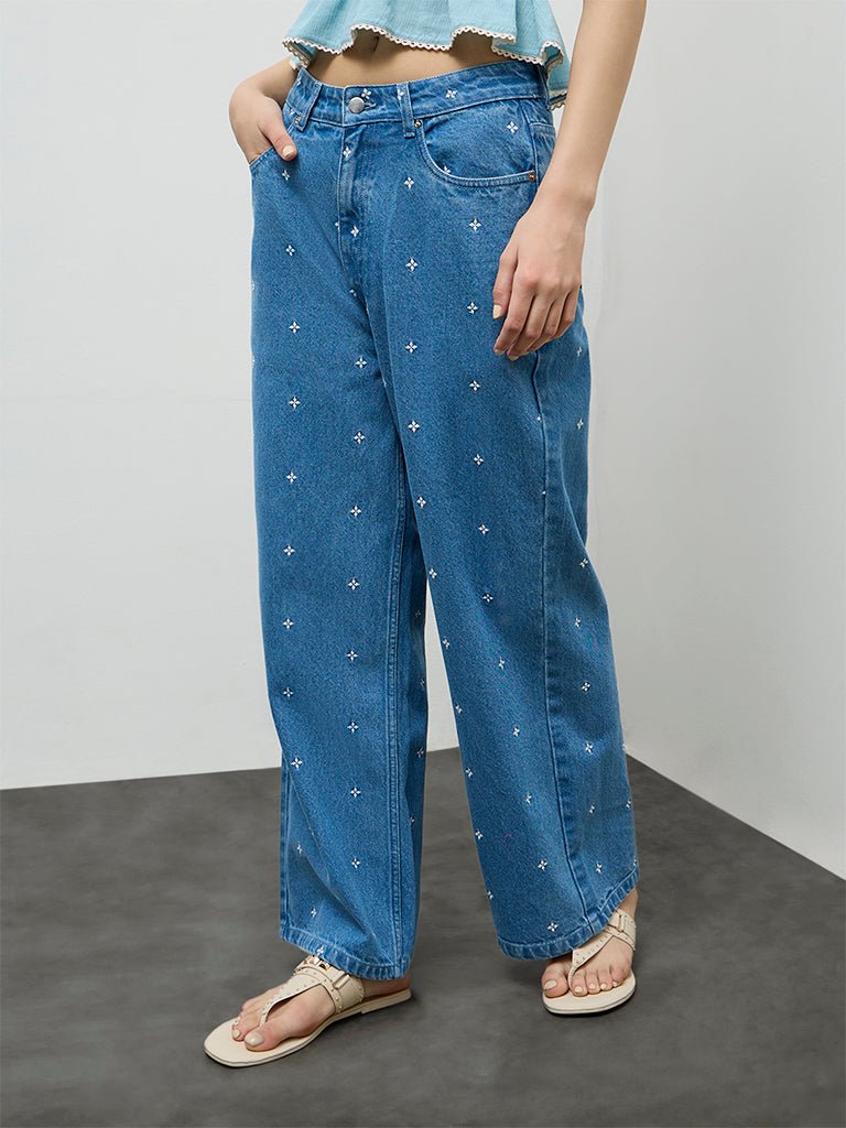 Bombay Paisley Blue Embroidered High-Rise Jeans