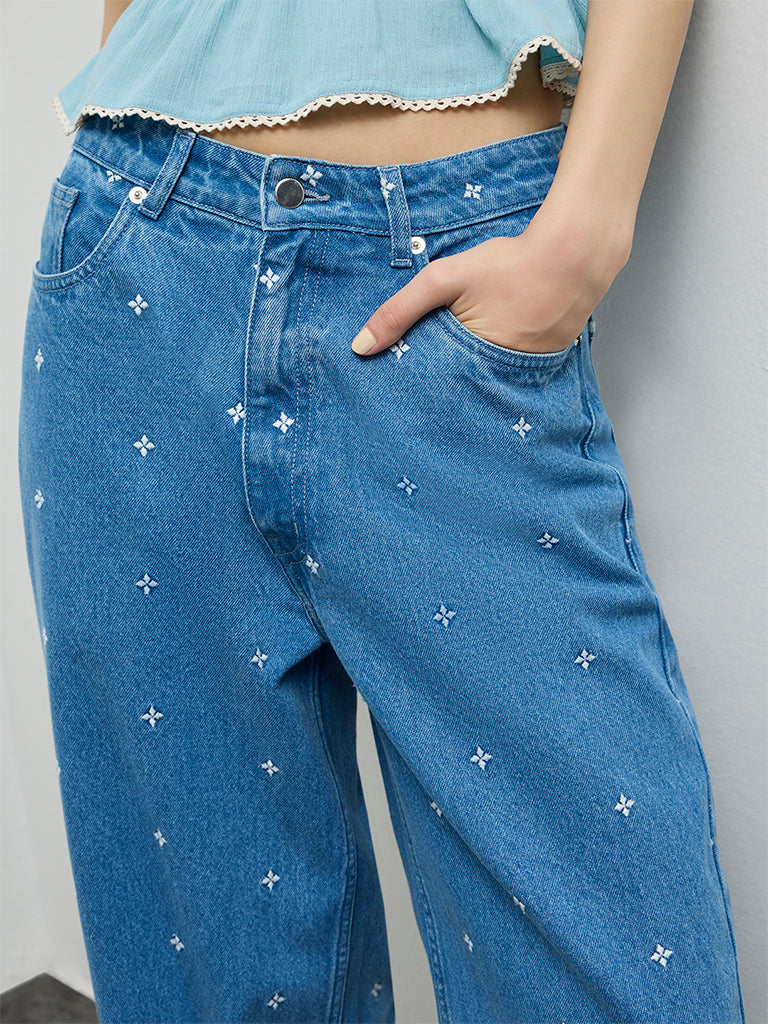 Bombay Paisley Blue Embroidered High-Rise Jeans