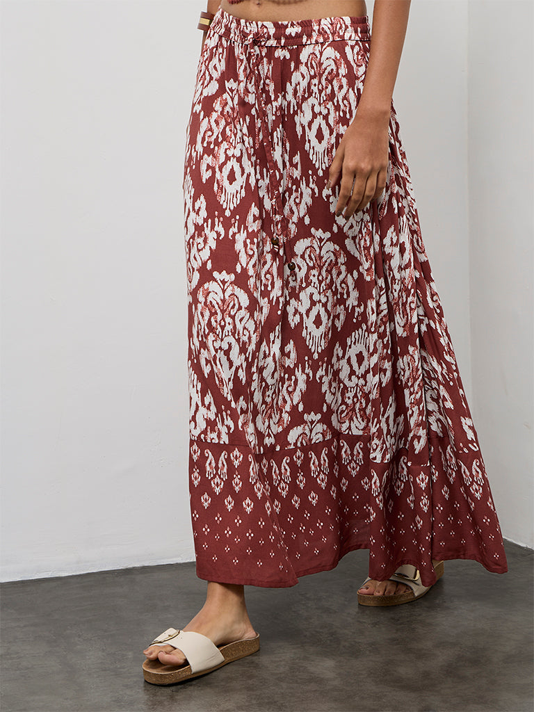 Bombay Paisley Rust Ikat Design High-Rise Cotton Skirt