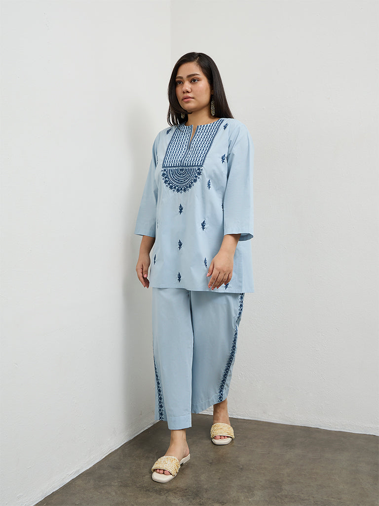 Diza Light Blue Embroidered Cotton Pants
