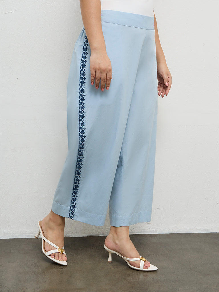Diza Light Blue Embroidered Cotton Pants
