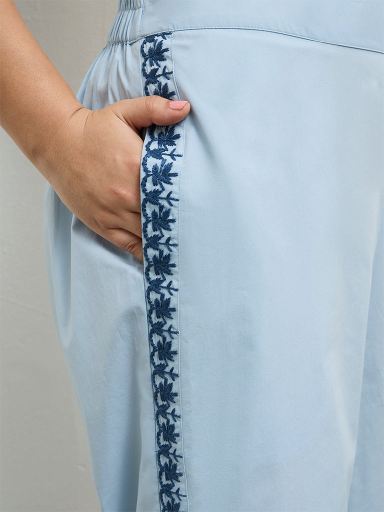 Diza Light Blue Embroidered Cotton Pants