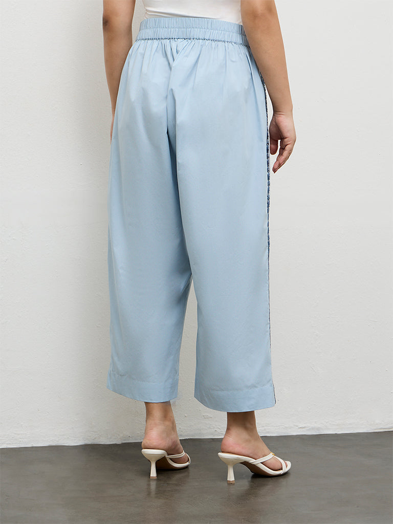 Diza Light Blue Embroidered Cotton Pants