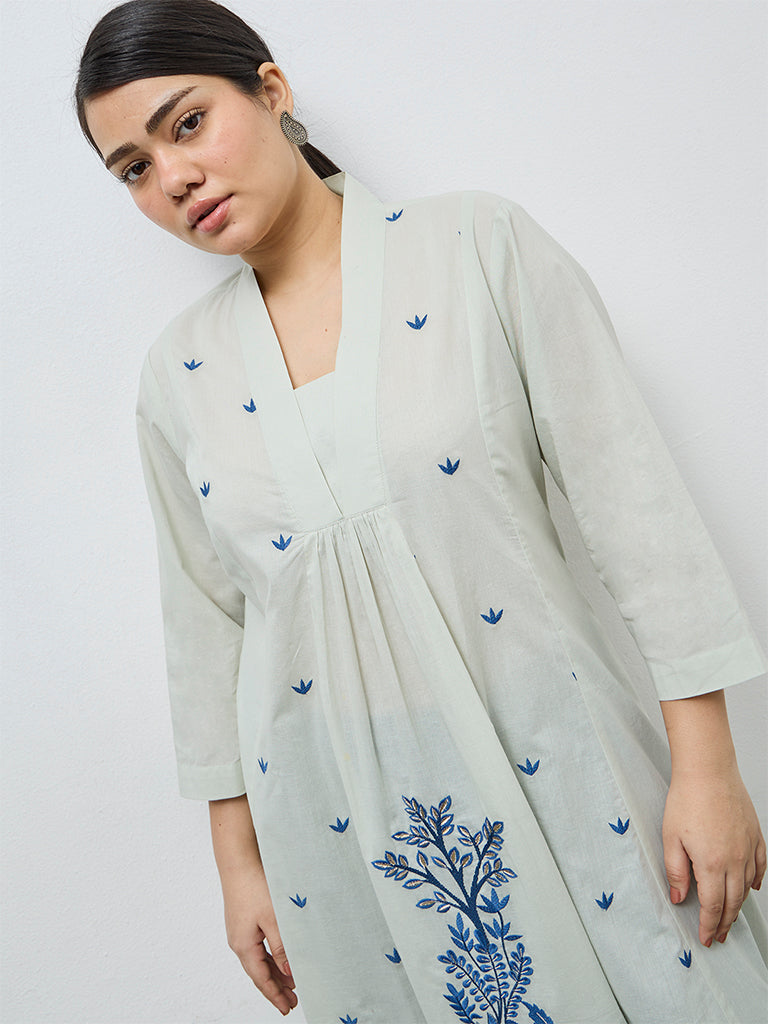 Diza Mint Foliage Embroidered Cotton A-Line Kurta