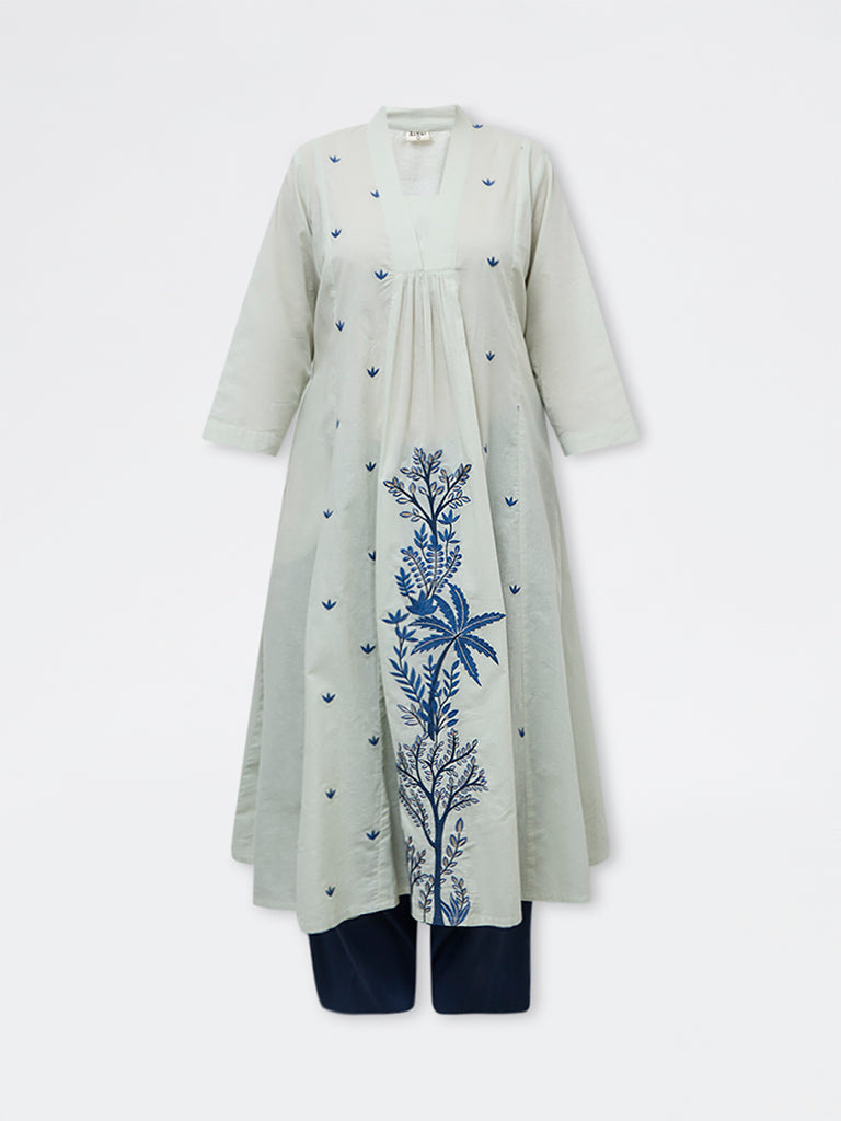 Diza Mint Foliage Embroidered Cotton A-Line Kurta