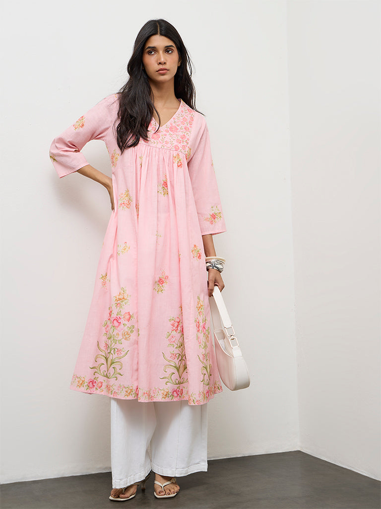Utsa Pink Floral Printed Cotton Anarkali Kurta