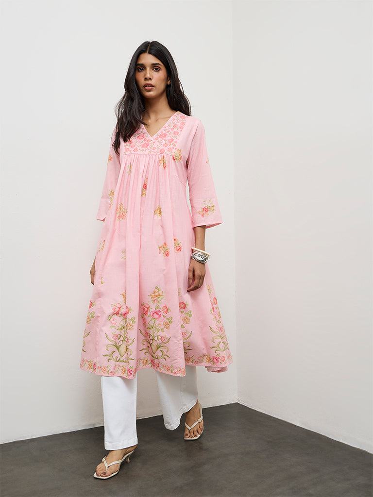 Utsa Pink Floral Printed Cotton Anarkali Kurta
