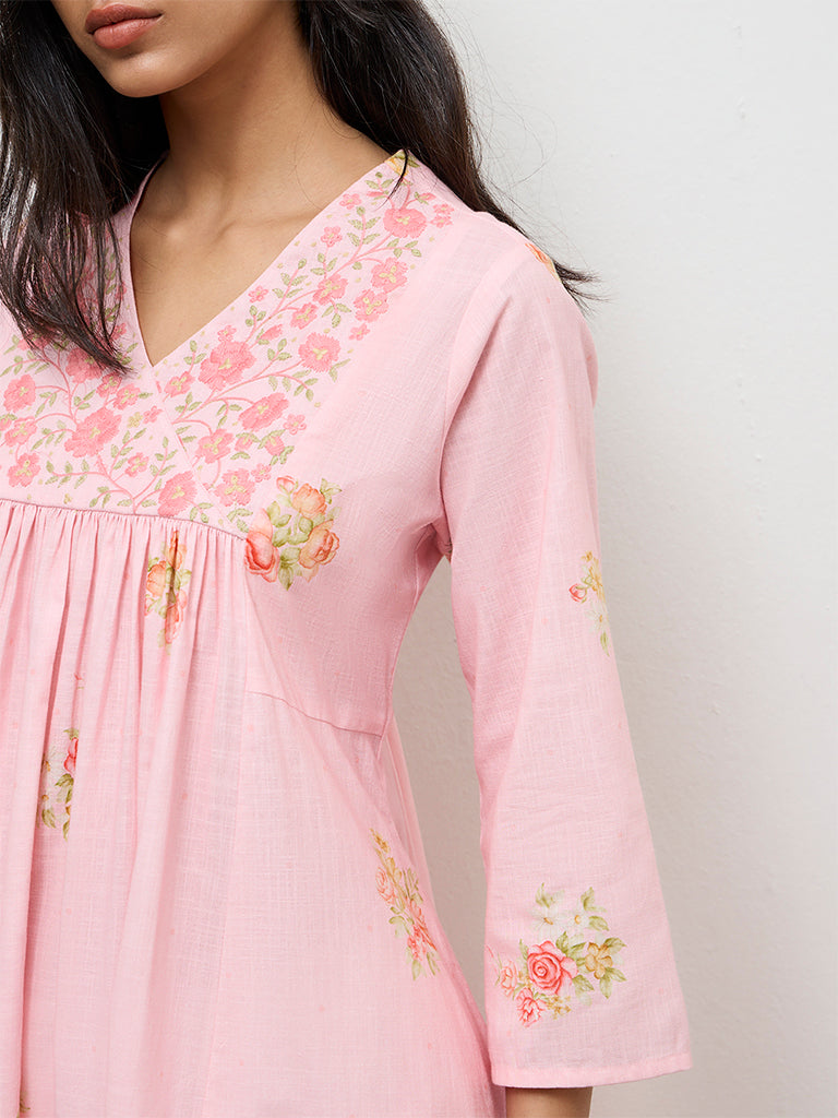 Utsa Pink Floral Printed Cotton Anarkali Kurta