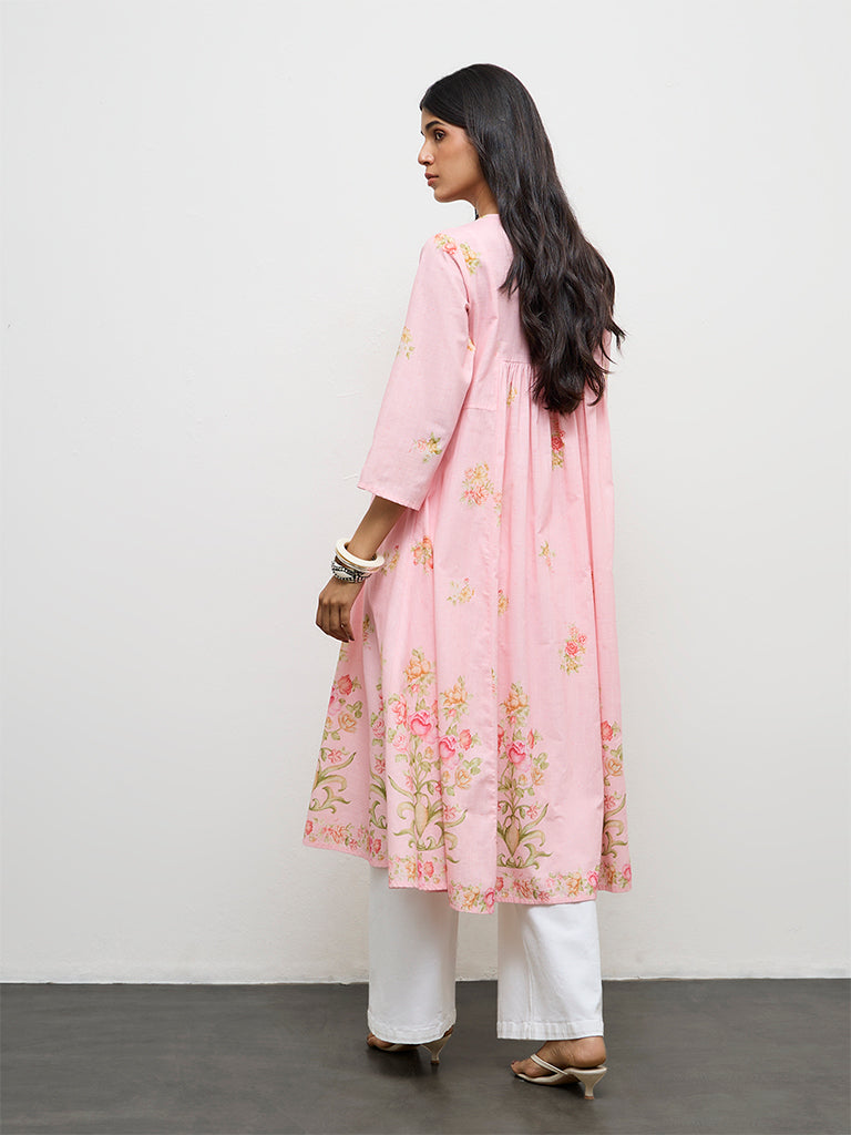 Utsa Pink Floral Printed Cotton Anarkali Kurta