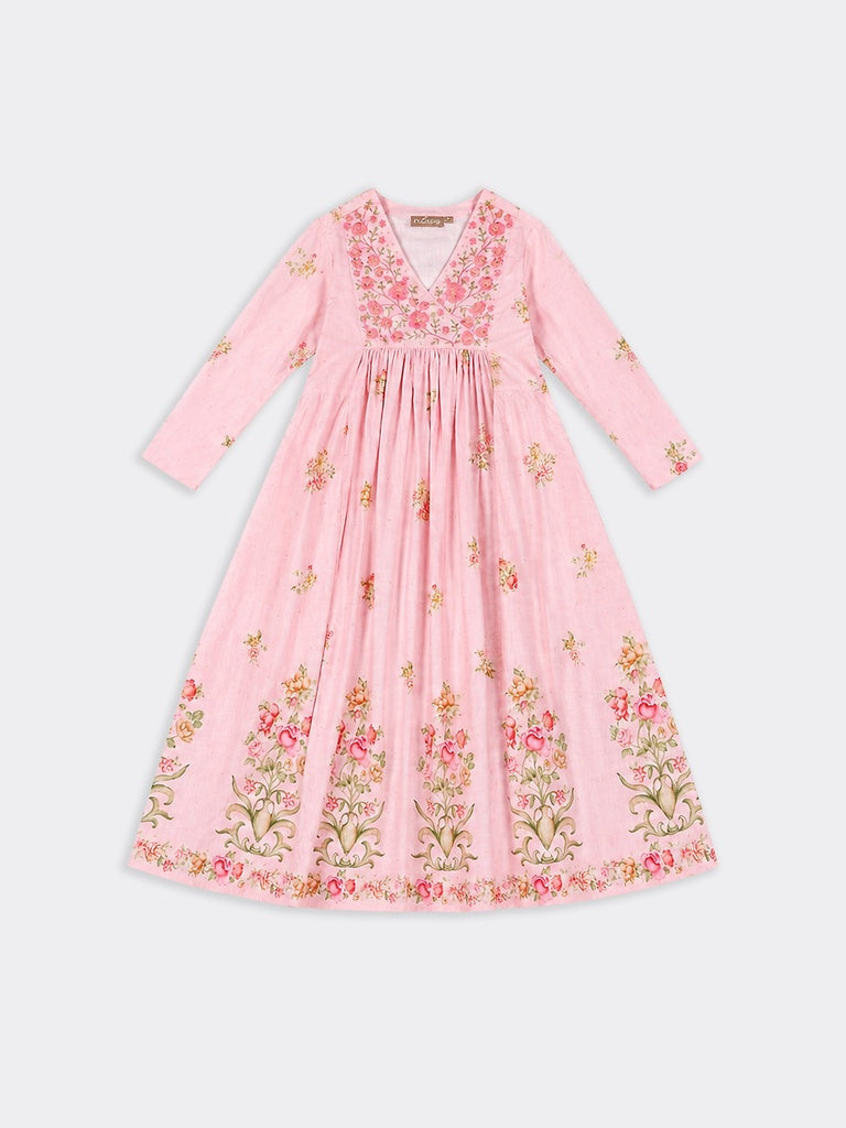Utsa Pink Floral Printed Cotton Anarkali Kurta