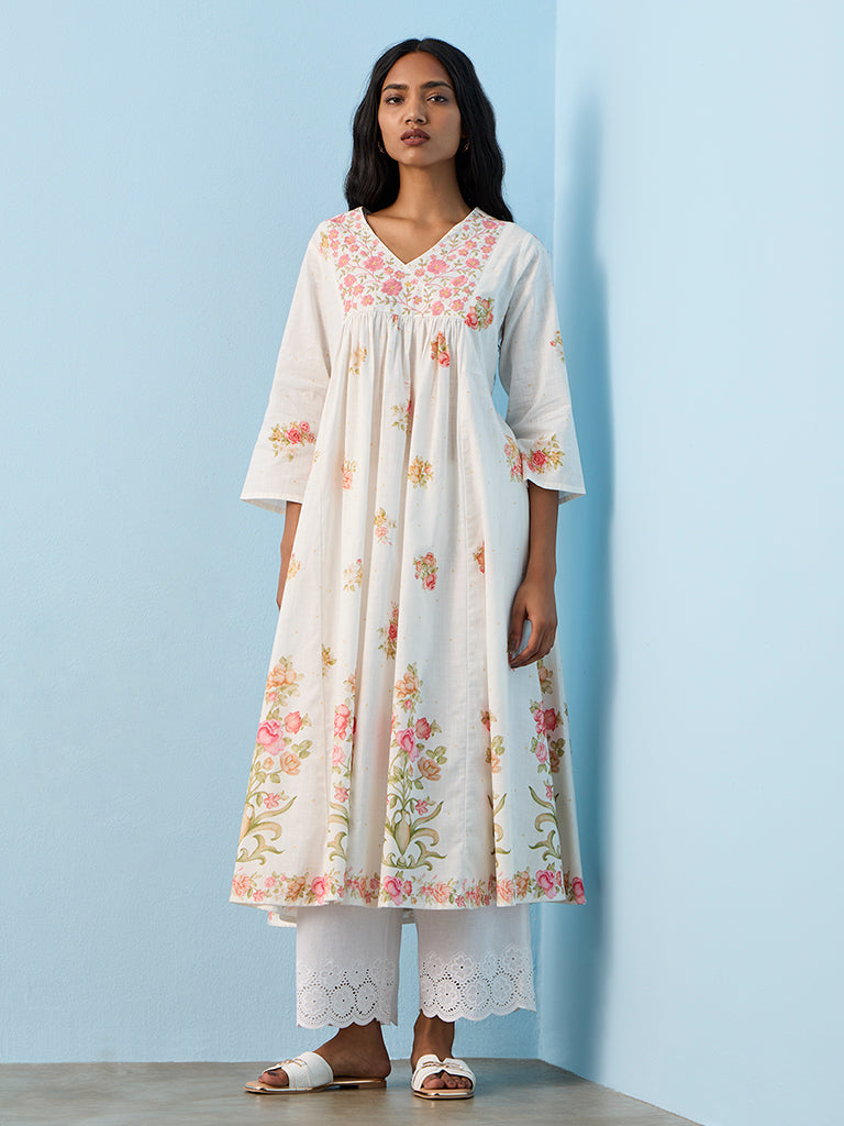 Utsa White Foliage Pattern Anarkali Kurta