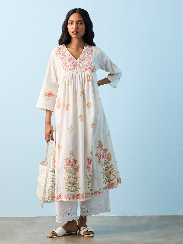 Utsa White Foliage Pattern Anarkali Kurta