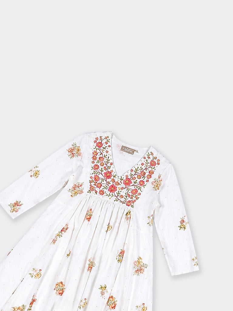 Utsa White Foliage Pattern Anarkali Cotton Kurta