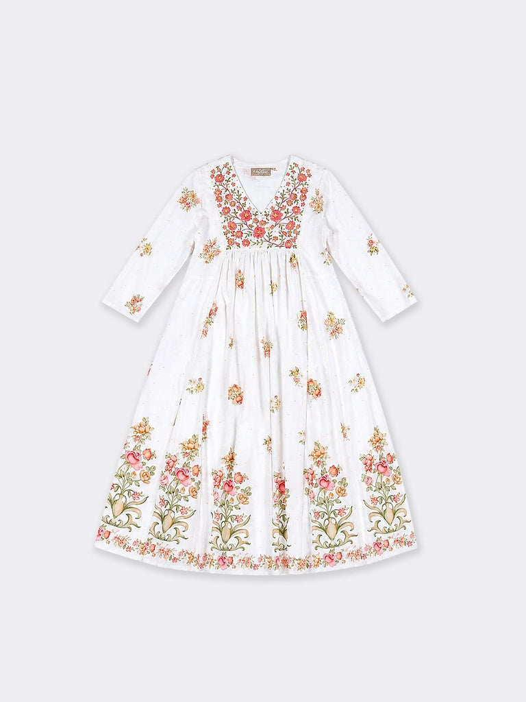 Utsa White Foliage Pattern Anarkali Cotton Kurta