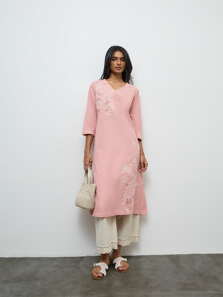 Utsa Pink Floral Embroidered Cotton-Blend A-Line Kurta