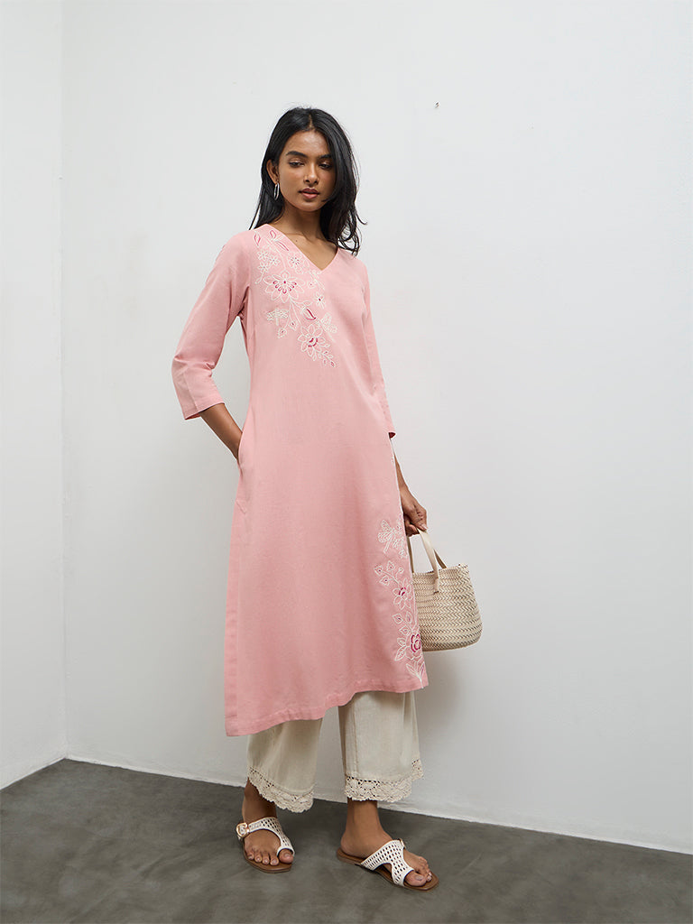 Utsa Pink Floral Embroidered Cotton-Blend A-Line Kurta