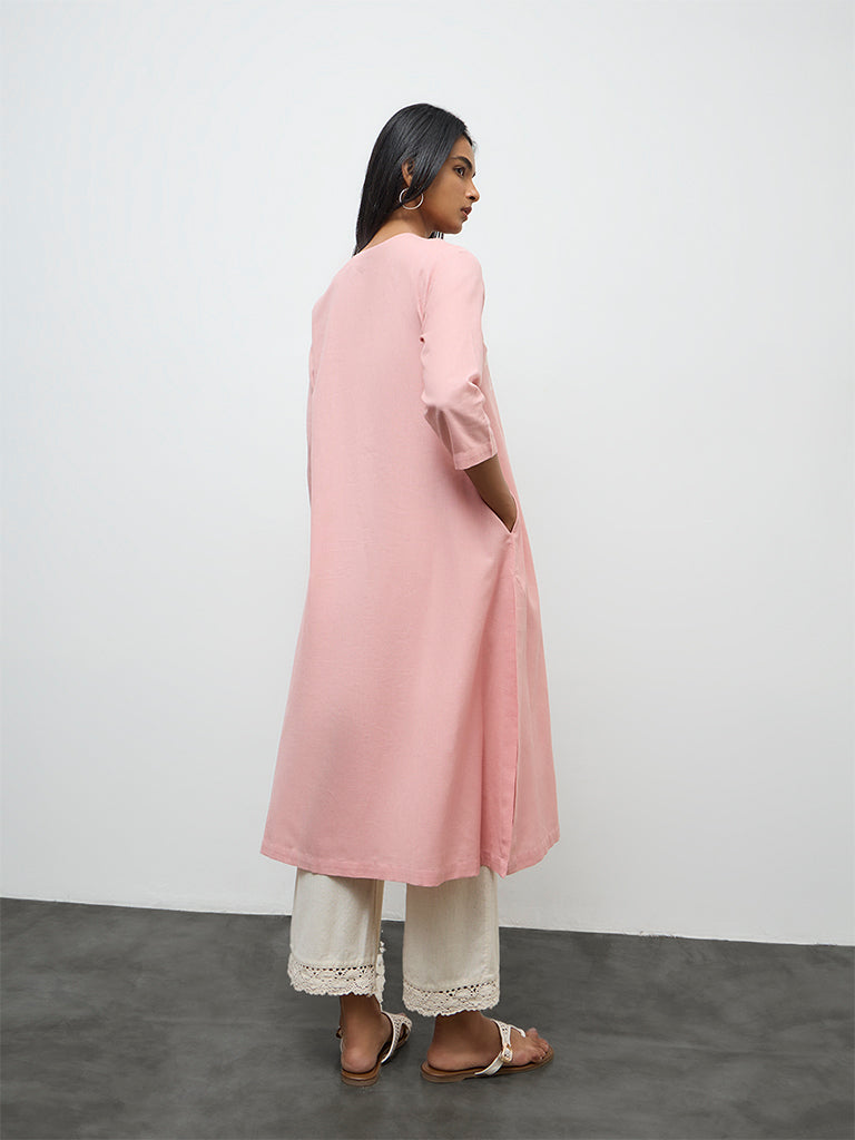 Utsa Pink Floral Embroidered Cotton-Blend A-Line Kurta