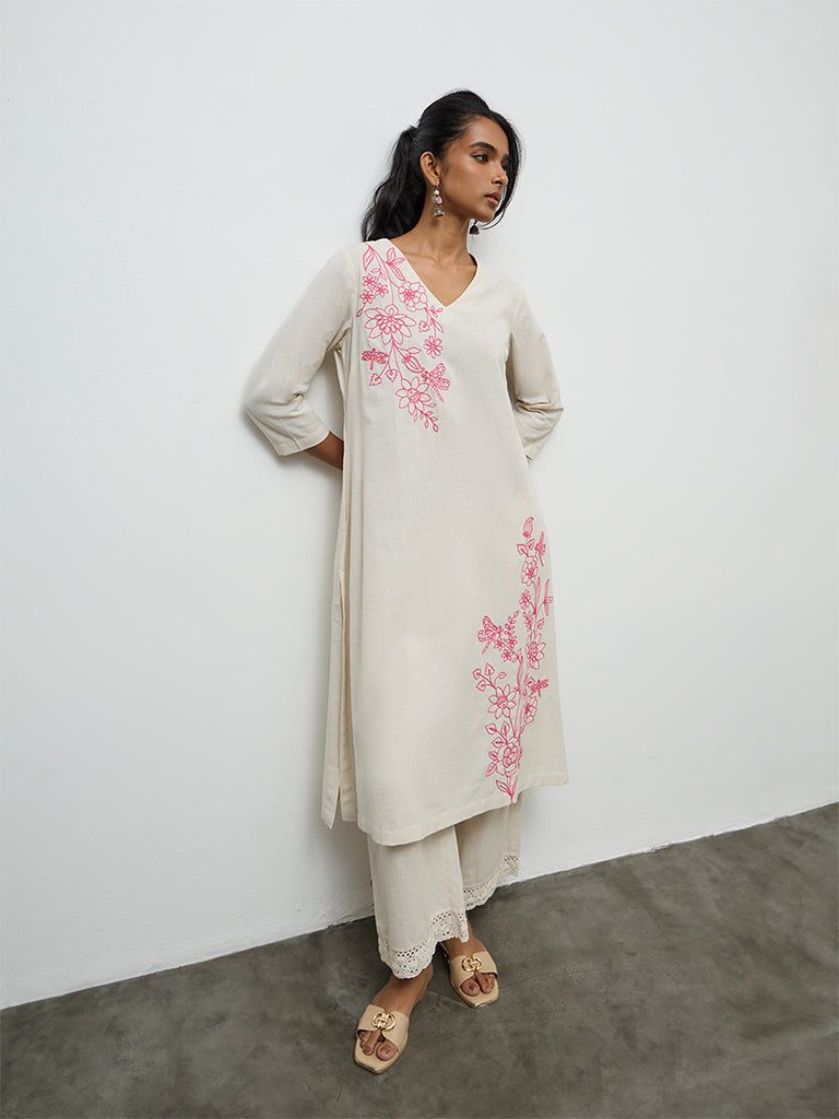 Utsa Off-White Floral Embroidered Cotton-Blend A-Line Kurta