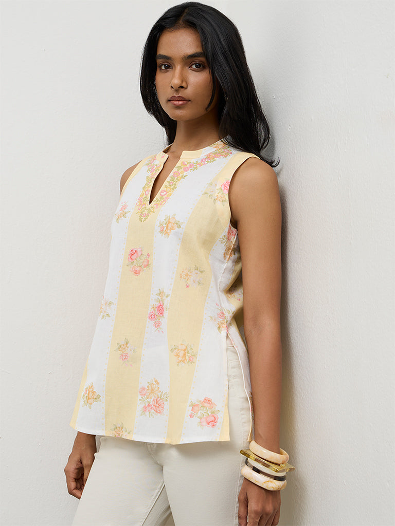 Utsa Light Yellow Floral Printed Cotton-Blend Tunic