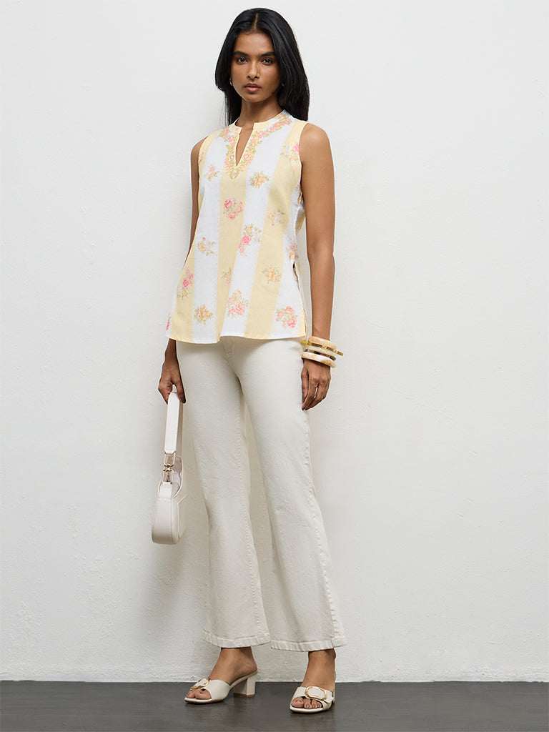 Utsa Light Yellow Floral Printed Cotton-Blend Tunic