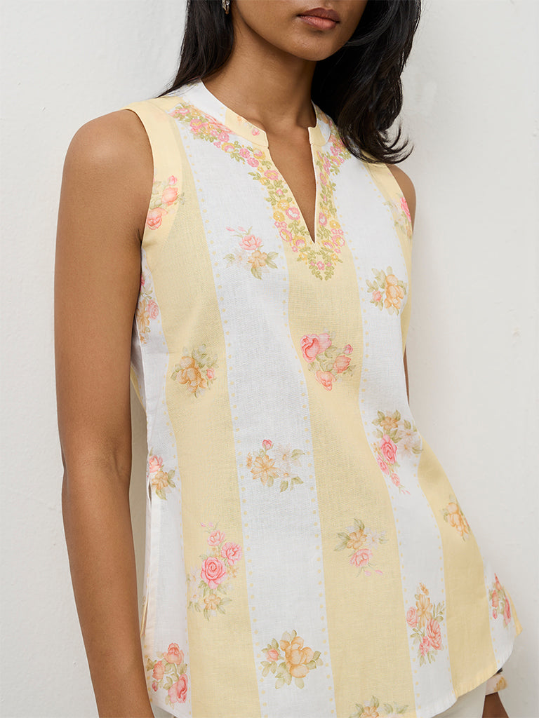Utsa Light Yellow Floral Printed Cotton-Blend Tunic