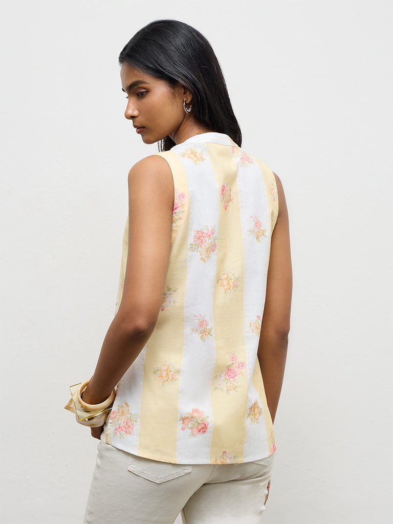 Utsa Light Yellow Floral Printed Cotton-Blend Tunic