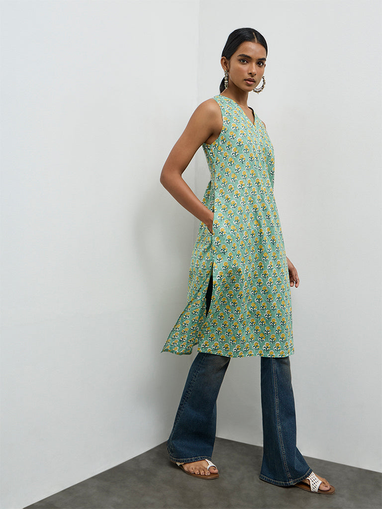 Utsa Mint Floral Pattern Cotton A-Line Kurta