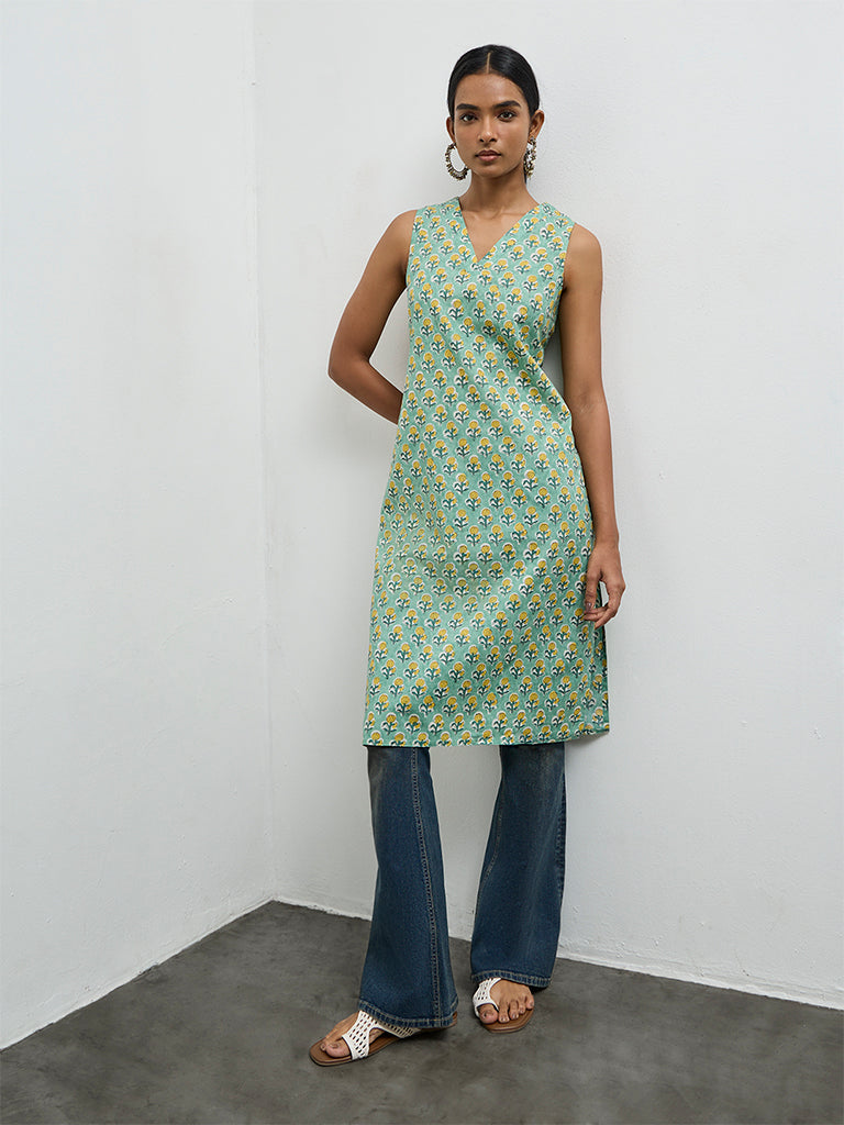 Utsa Mint Floral Pattern Cotton A-Line Kurta