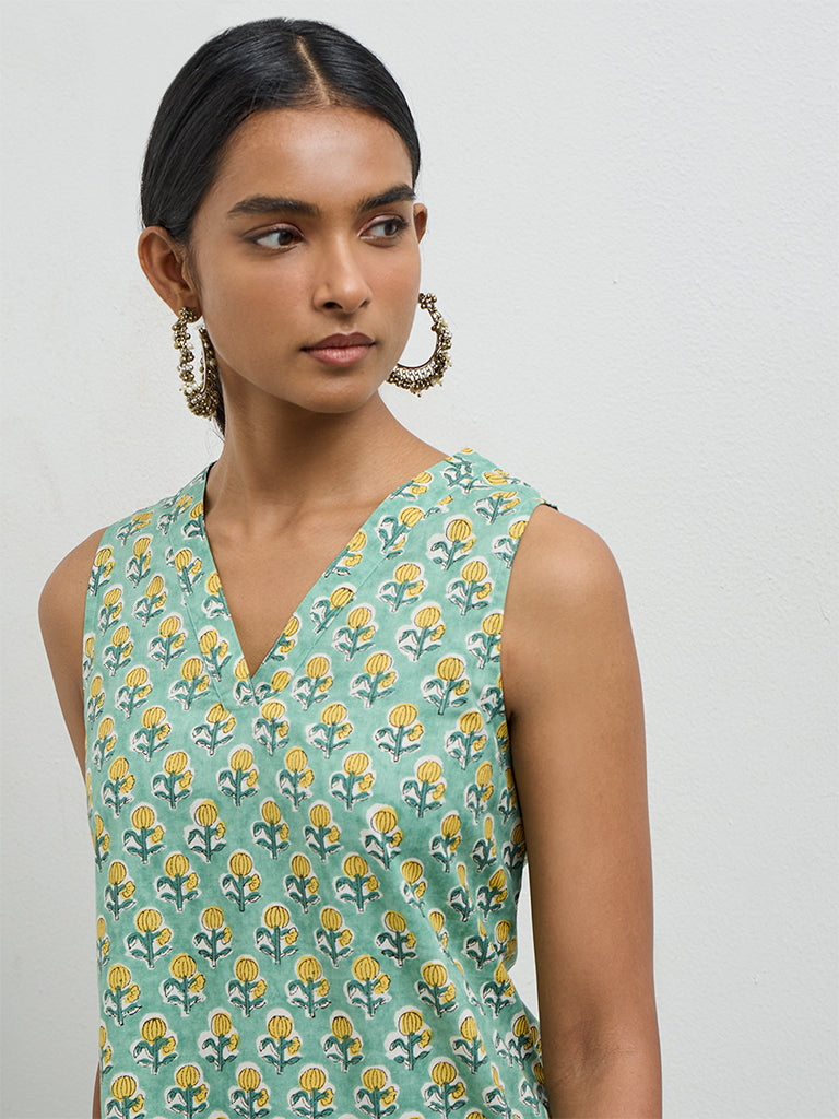 Utsa Mint Floral Pattern Cotton A-Line Kurta
