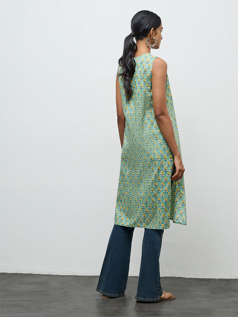 Utsa Mint Floral Pattern Cotton A-Line Kurta