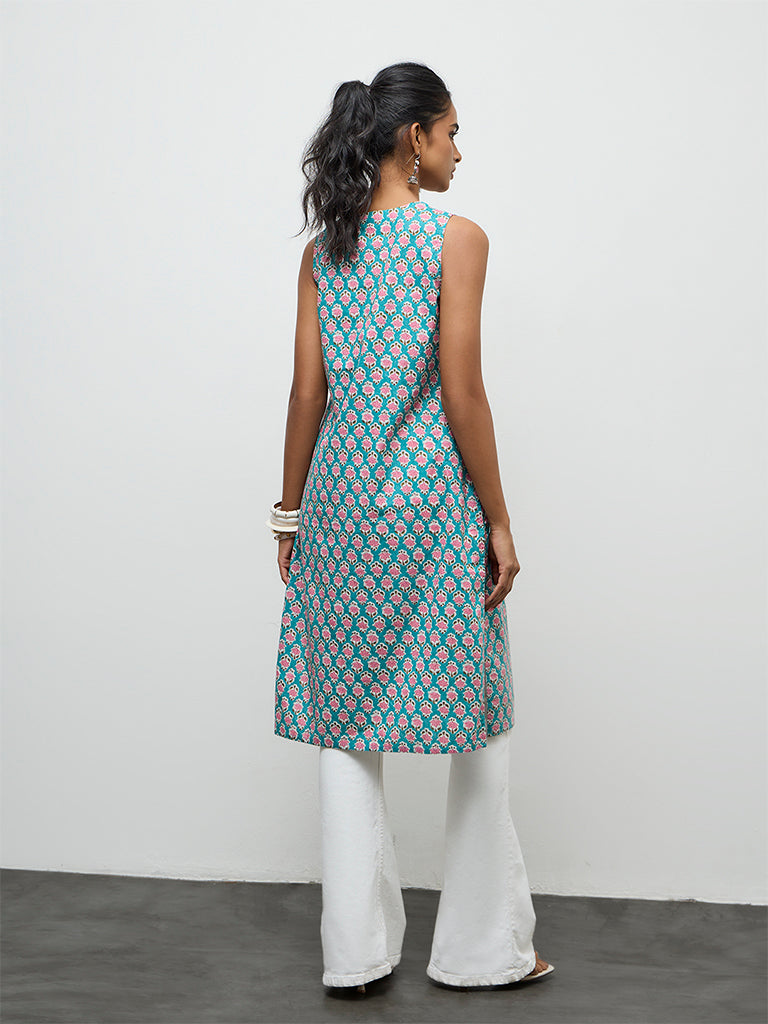Utsa Blue Floral Printed Cotton Straight Kurta