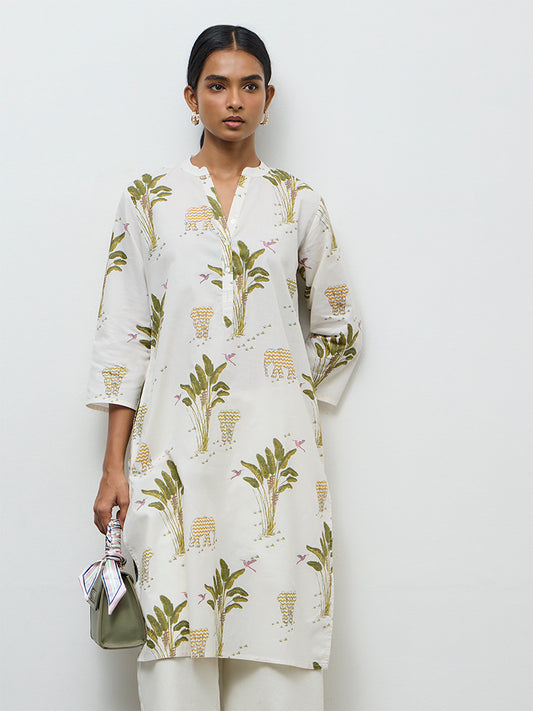 Utsa White Nature-Inspired Cotton Straight Kurta