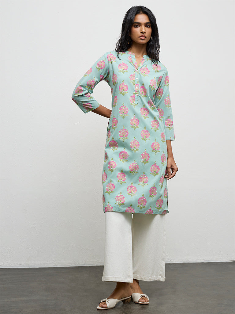 Utsa Blue Floral Printed Cotton Straight Kurta
