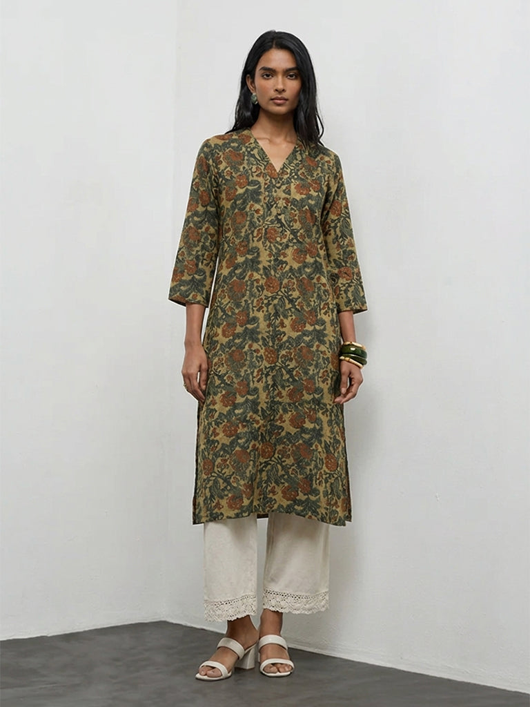 Utsa Green Floral Printed Cotton Straight Kurta