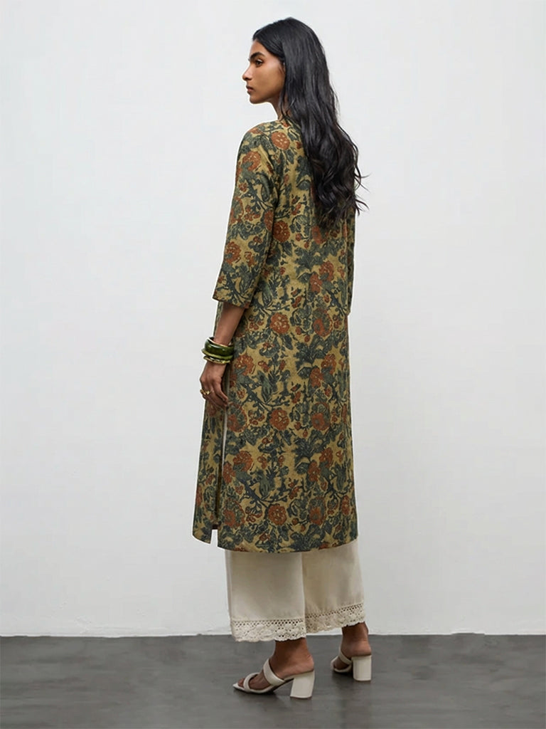Utsa Green Floral Printed Cotton Straight Kurta