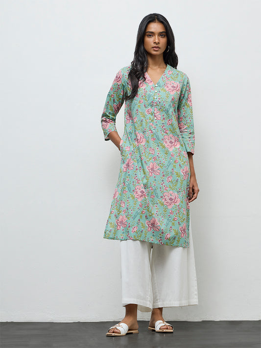 Utsa Aqua Floral Printed Cotton Straight Kurta