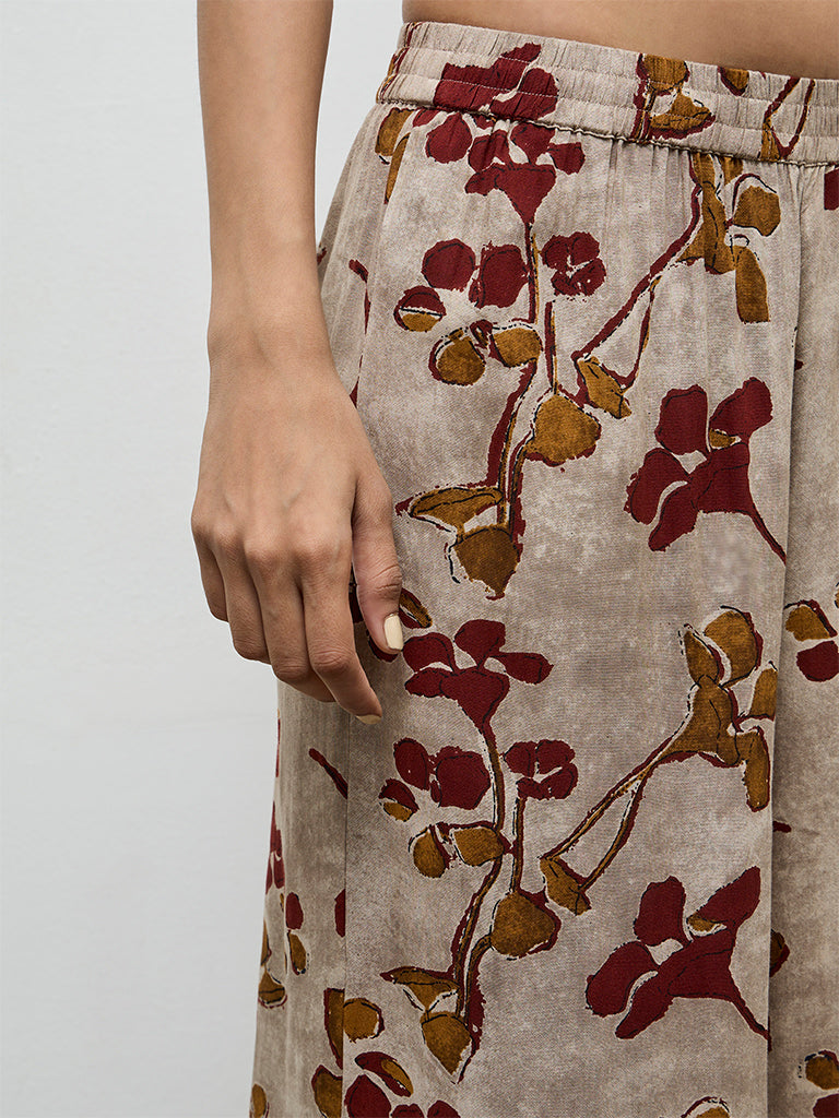 Utsa Light Taupe Floral Printed Palazzos