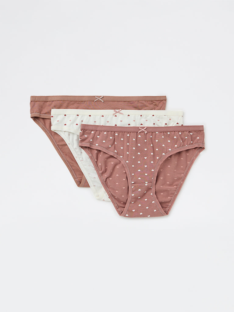 Wunderlove 3-Pack Heart Printed Cotton-Blend Bikini Briefs