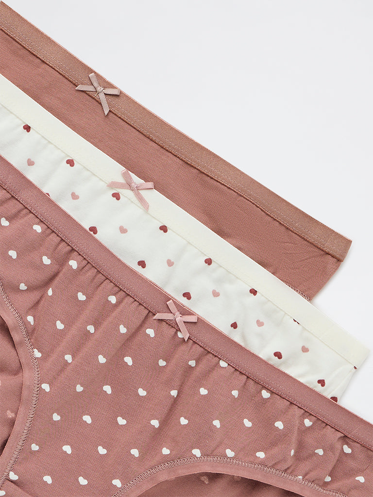 Wunderlove 3-Pack Heart Printed Cotton-Blend Bikini Briefs