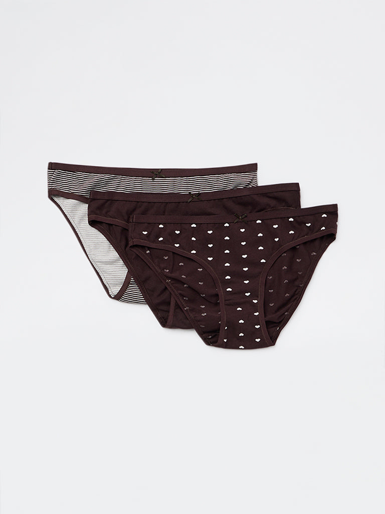 Wunderlove 3-Pack Heart Printed Bikini Cotton-Blend Briefs