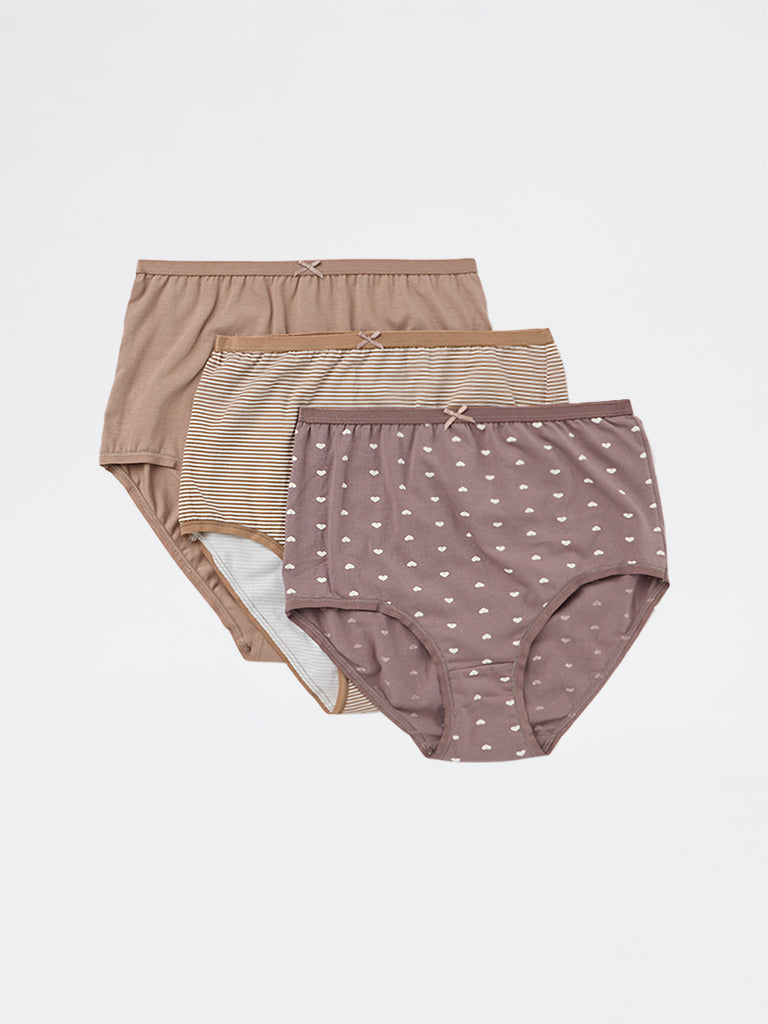 Wunderlove Beige Printed Cotton-Blend Full Briefs - Pack of 3